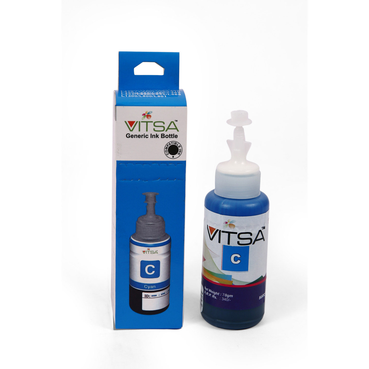 Vitsa T664 Ink Compatible For Epson Printers L100, L110, L130, L200, L210, L220, L300, L310, L350, L355, L360, L365, L380, L455, L550, L555, L565, L1301 (Cyan)