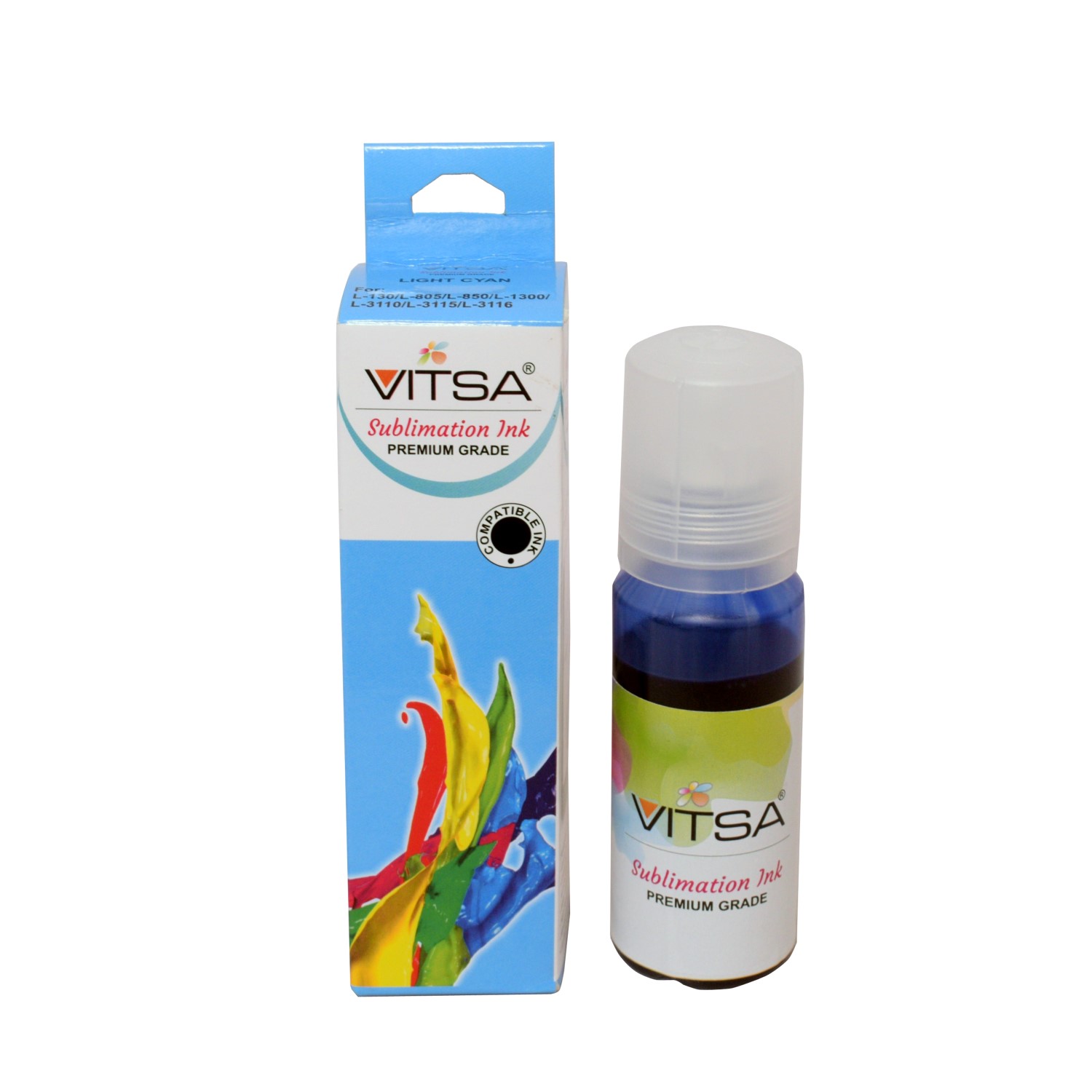 Vitsa Light Cyan Sublimation Ink For Epson - Heat Transfer Printing On Mugs, Mobile Cases, Polyester T-Shirts Etc For Use With Epson Color Printers -70Ml Bottle